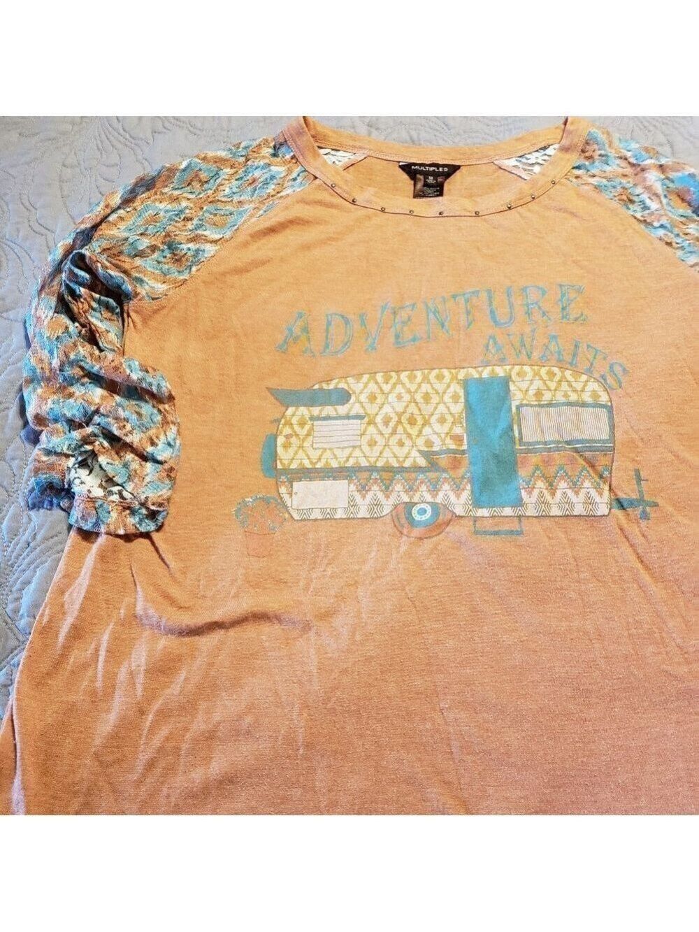 Multiples Clothing Label Lace 3/4 Sleeve T-Shirt "Adventure Awaits" - Size - Med